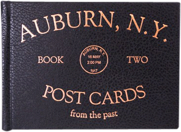 Foil-stamped cover of a book of postcards of Auburn, NY