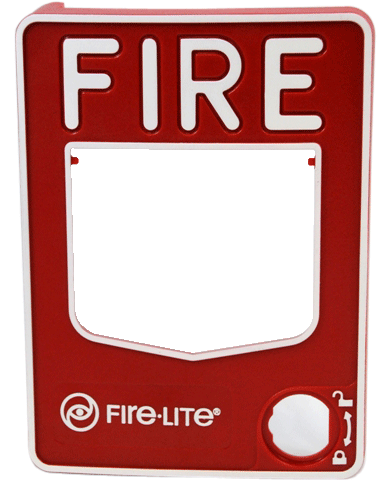 A fire alarm station cover stamped with plastic foil